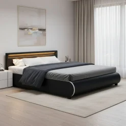 Lederbett LED SIESTA 180 x 200 cm schwarz