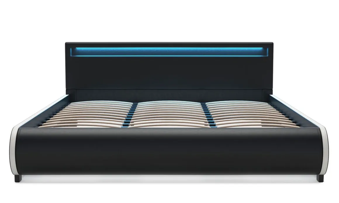Lederbett LED SIESTA 180 x 200 cm schwarz