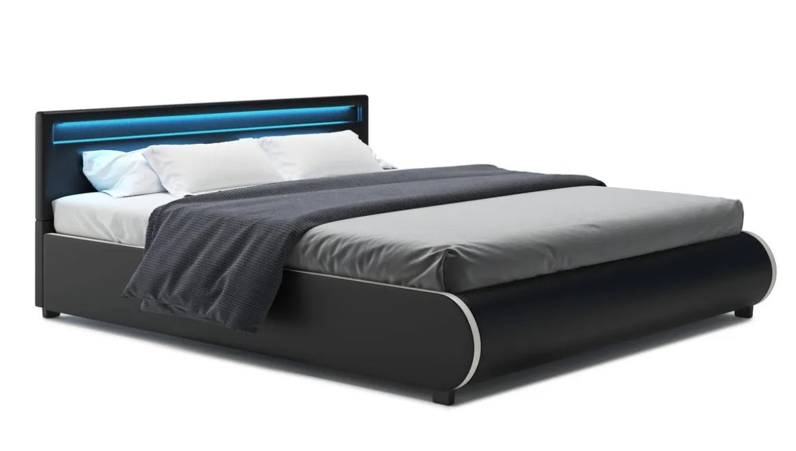 Lederbett LED SIESTA 180 x 200 cm schwarz