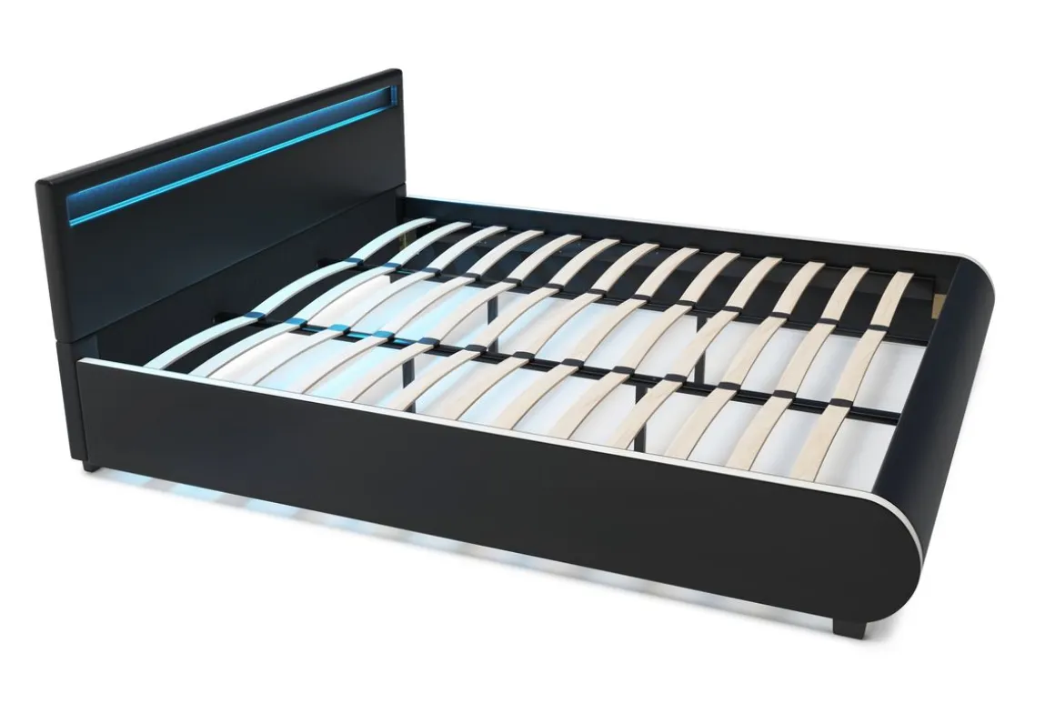 Lederbett LED SIESTA 180 x 200 cm schwarz
