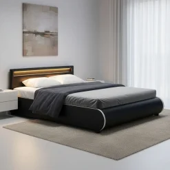 Lederbett LED SIESTA 160 x 200 cm schwarz