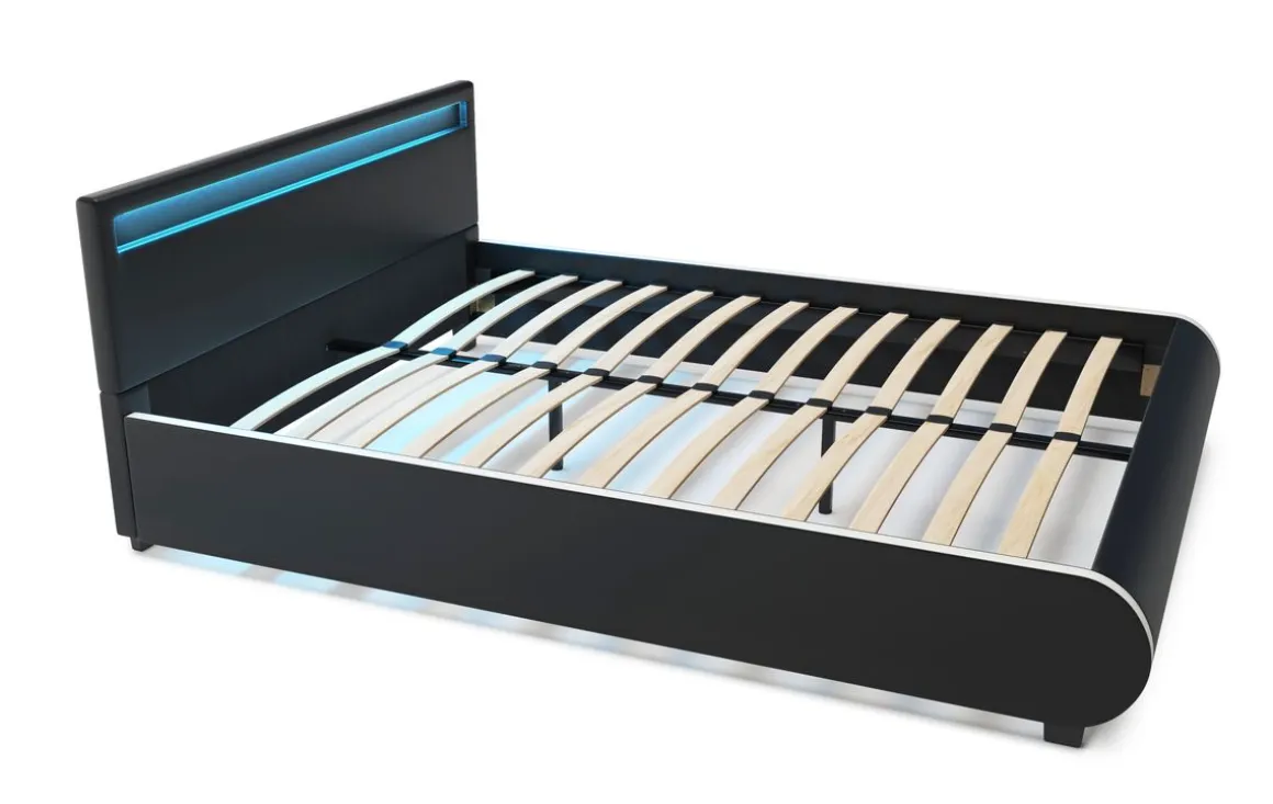 Lederbett LED SIESTA 160 x 200 cm schwarz