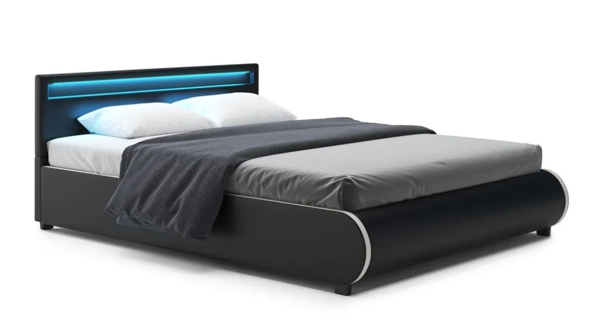 Lederbett LED SIESTA 160 x 200 cm schwarz