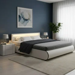 Lederbett LED SIESTA 180 x 200 cm weiss