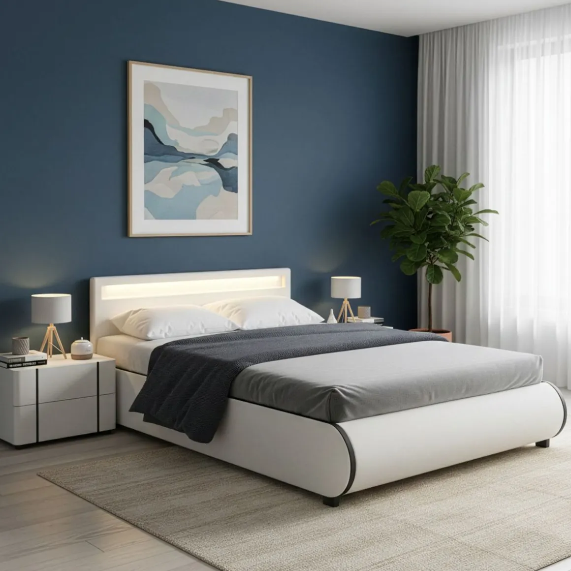 Lederbett LED SIESTA 140 x 200 cm weiss