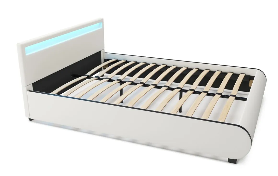Lederbett LED SIESTA 160 x 200 cm weiss