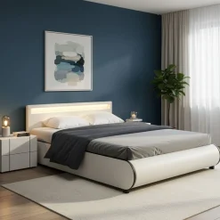 Lederbett LED SIESTA 160 x 200 cm weiss