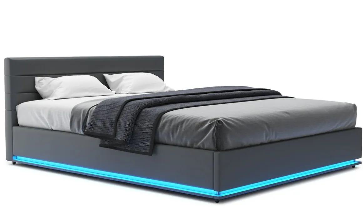 Lederbett LED STARDUST 160 x 200 cm grau