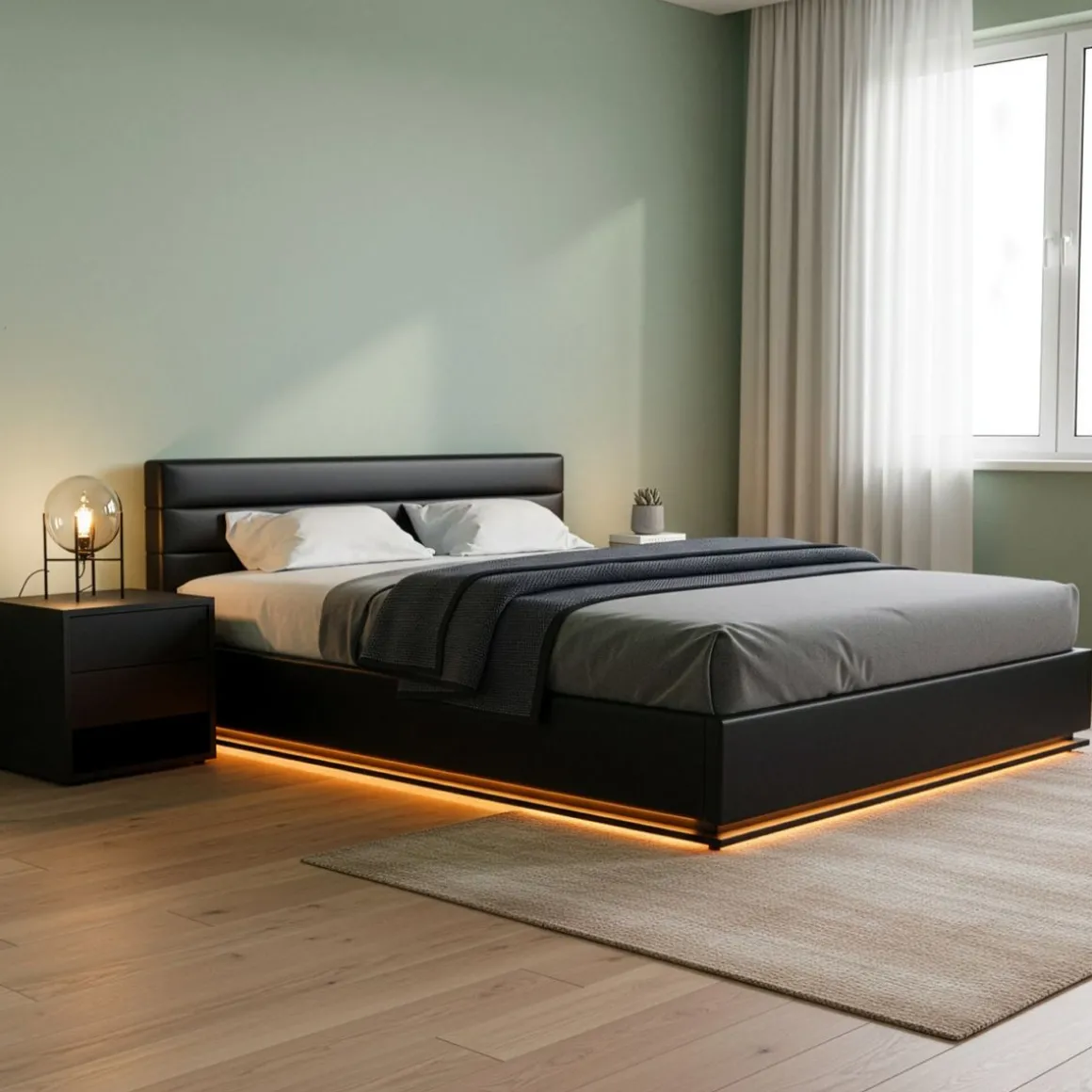 Lederbett LED STARDUST 160 x 200 cm schwarz