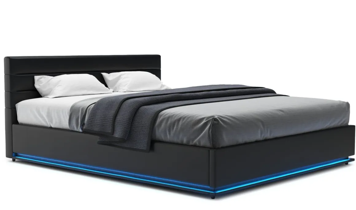Lederbett LED STARDUST 160 x 200 cm schwarz