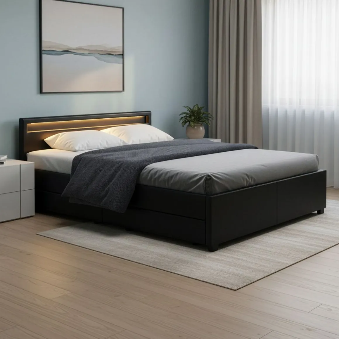 Lederbett LED TRANCE 160 x 200 cm schwarz