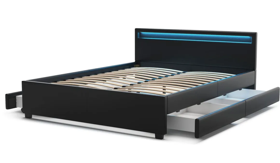 Lederbett LED TRANCE 160 x 200 cm schwarz