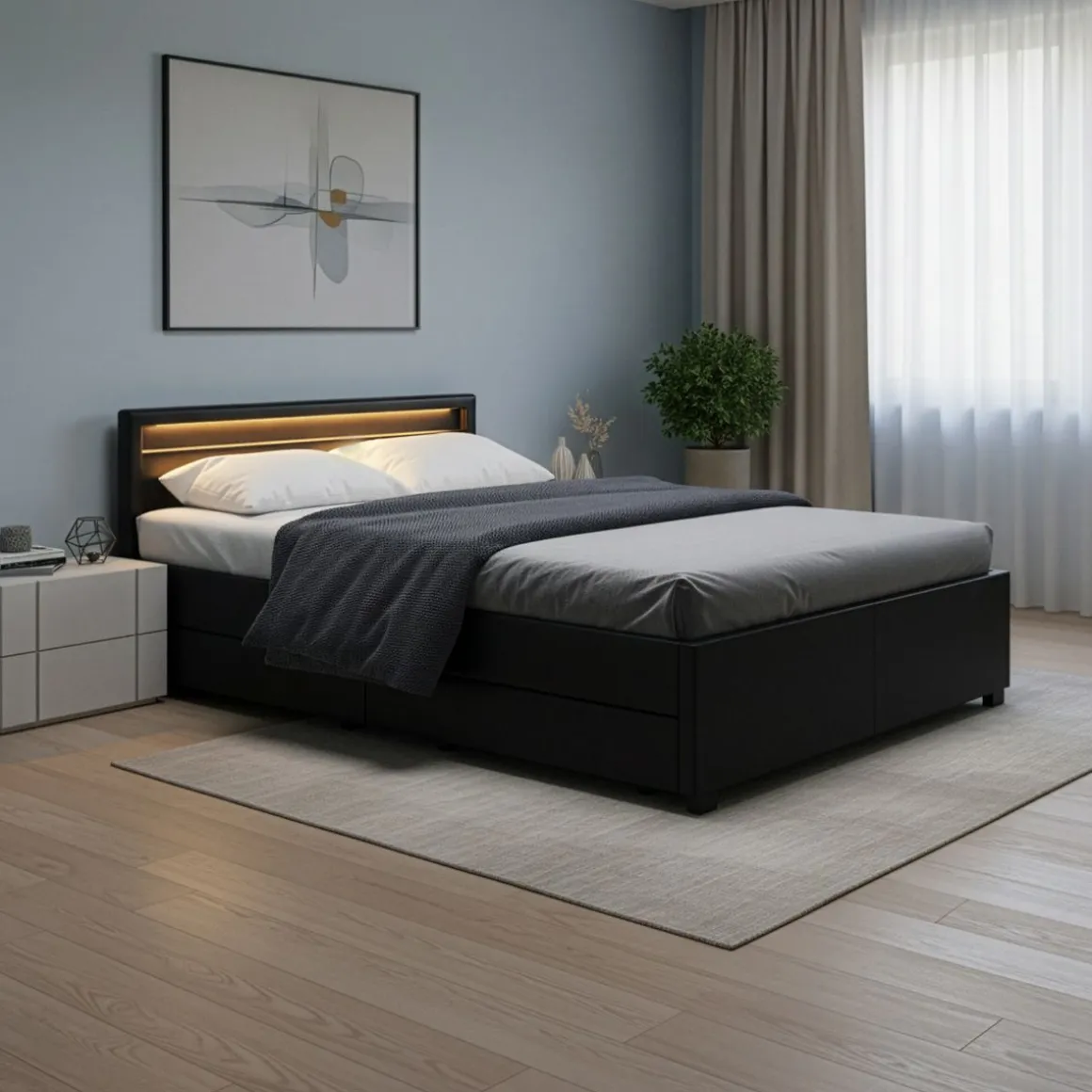 Lederbett LED TRANCE 140 x 200 cm schwarz