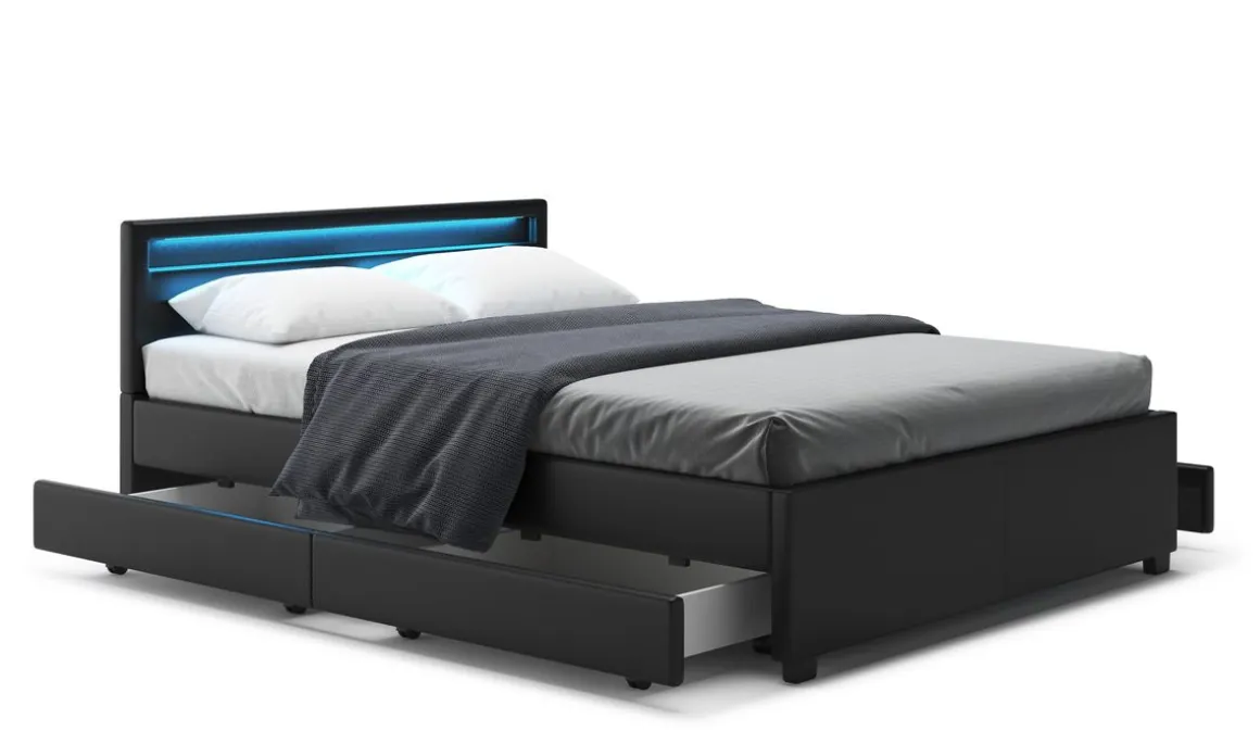 Lederbett LED TRANCE 140 x 200 cm schwarz