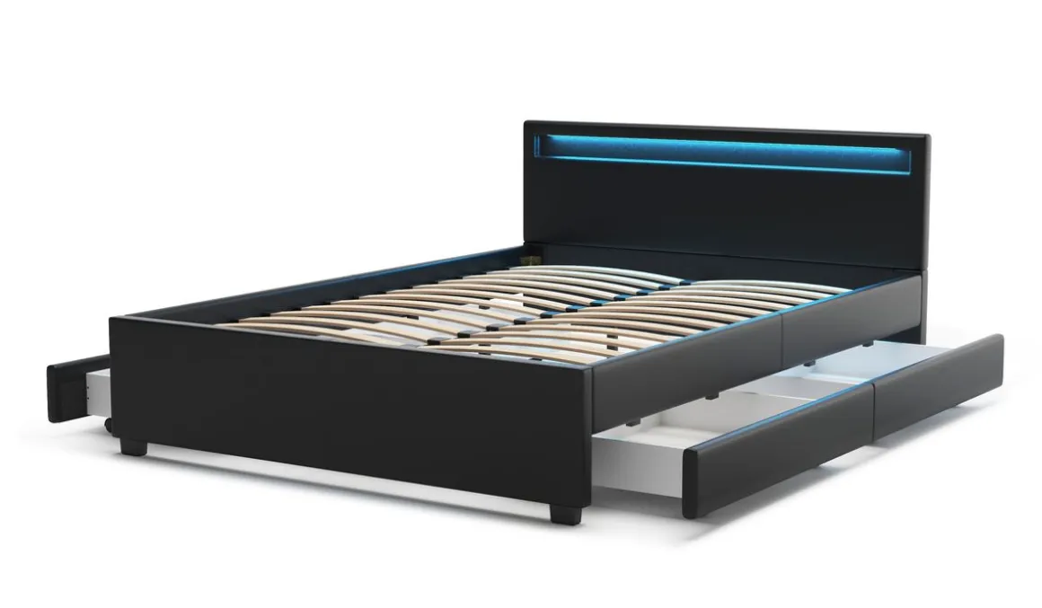 Lederbett LED TRANCE 140 x 200 cm schwarz