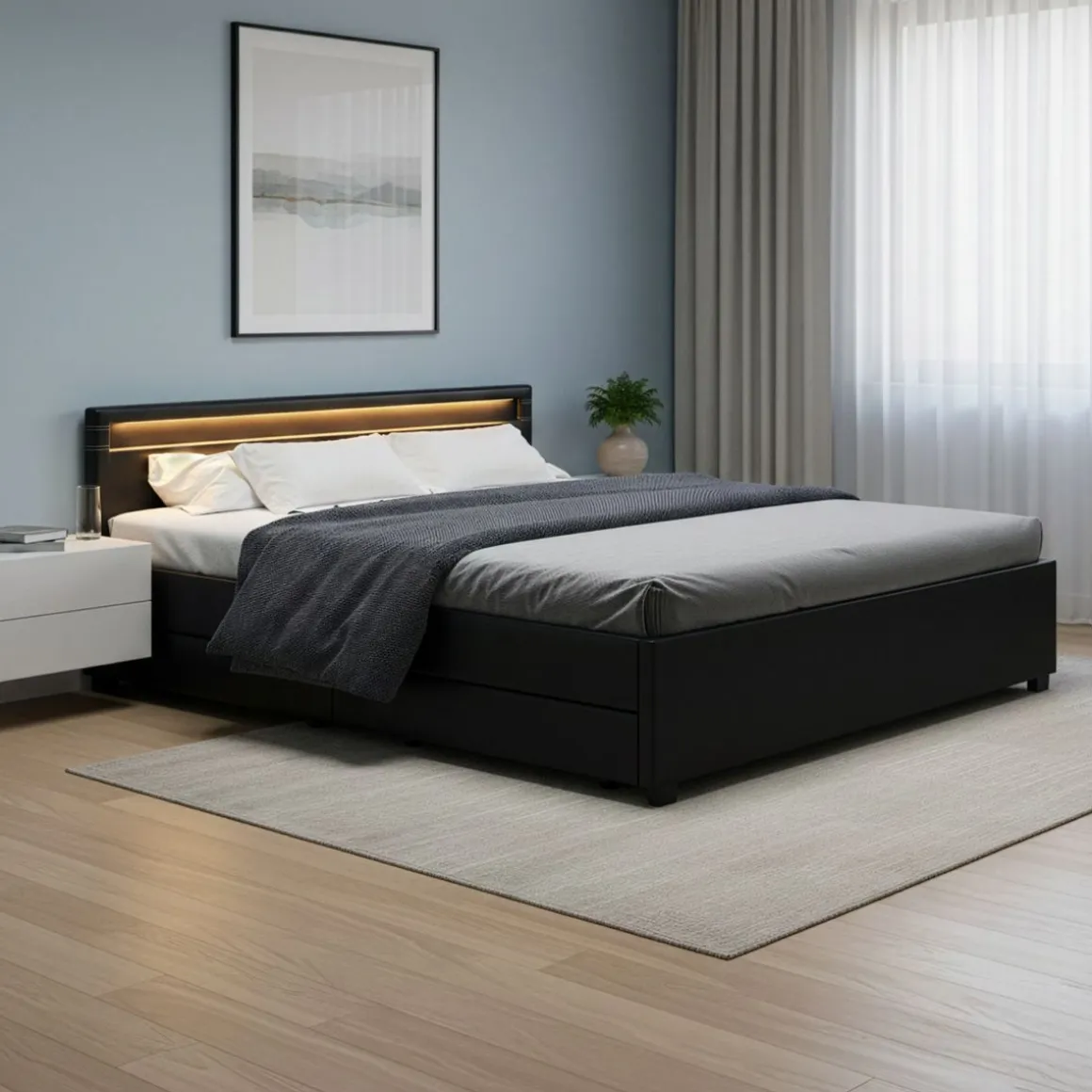 Lederbett LED TRANCE 180 x 200 cm schwarz