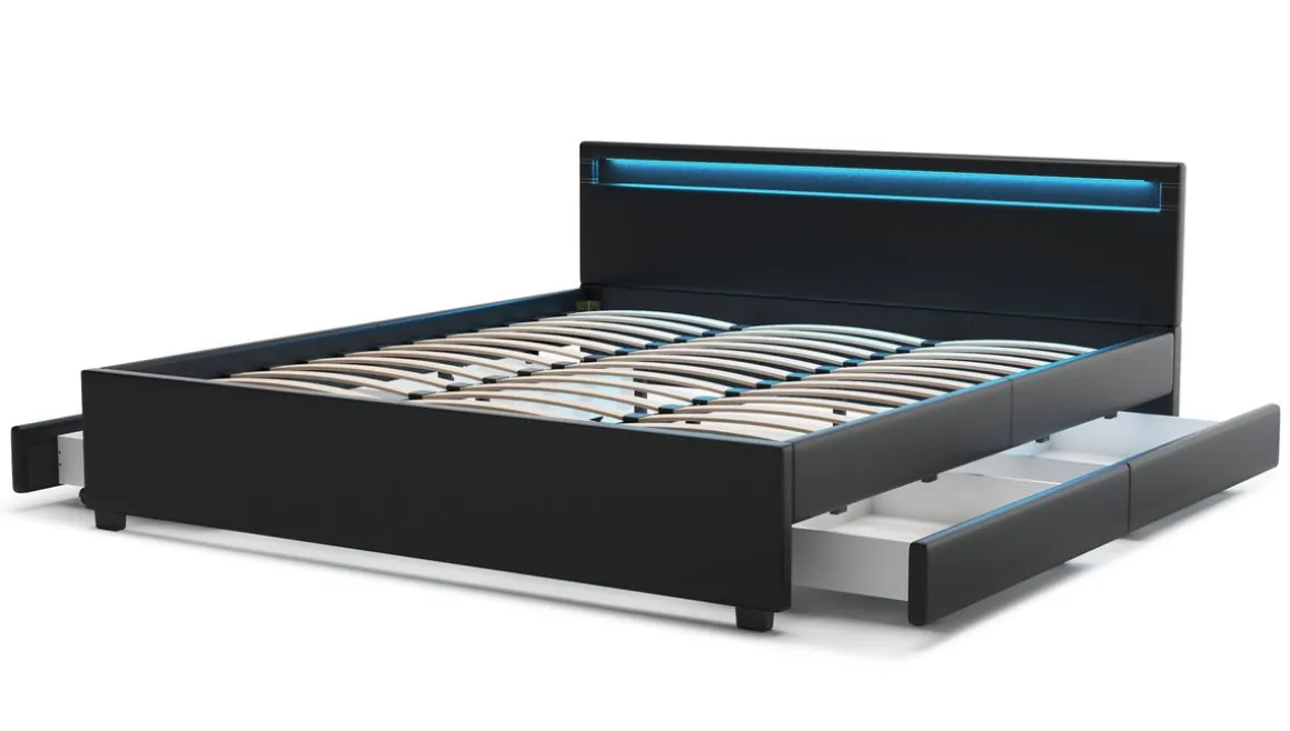 Lederbett LED TRANCE 180 x 200 cm schwarz