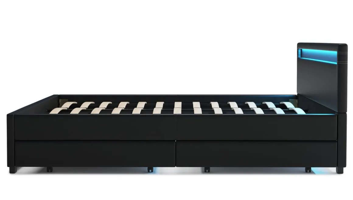 Lederbett LED TRANCE 180 x 200 cm schwarz