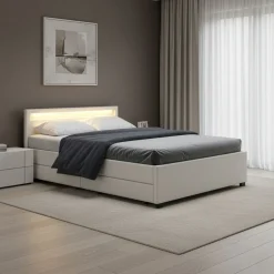 Lederbett LED TRANCE 140 x 200 cm weiss