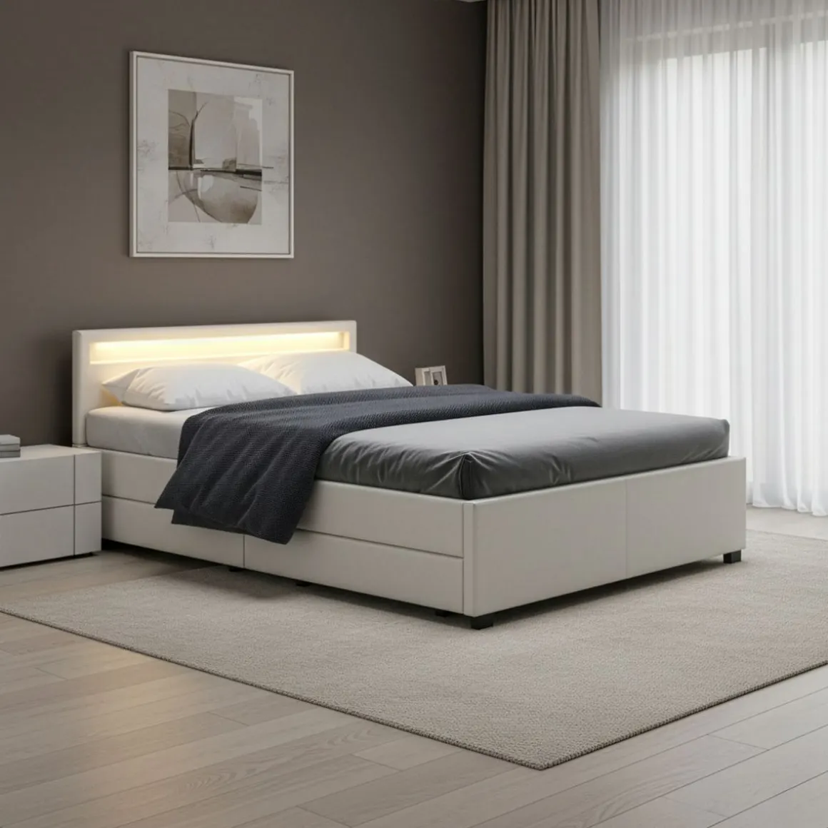 Lederbett LED TRANCE 140 x 200 cm weiss