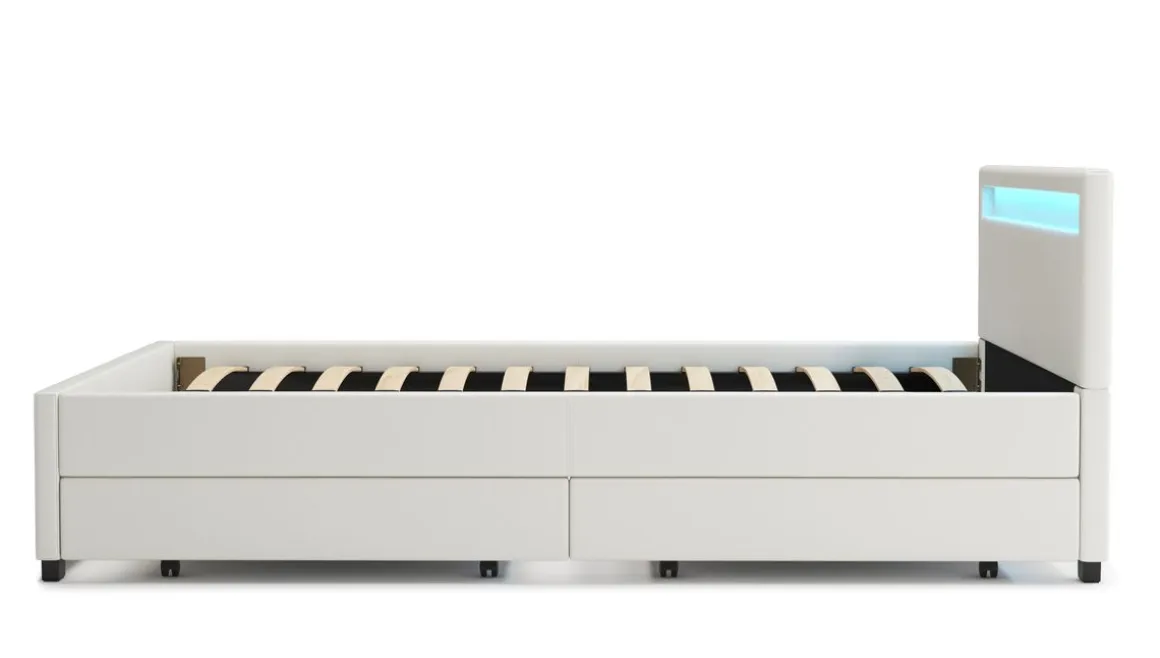 Lederbett LED TRANCE 140 x 200 cm weiss