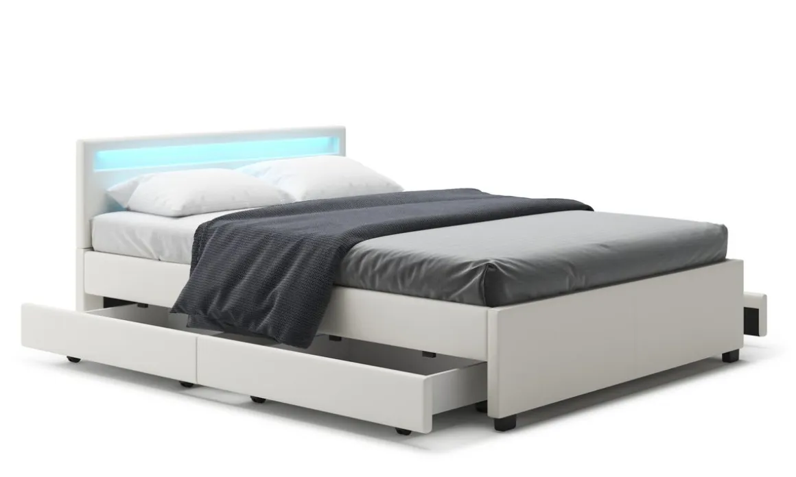 Lederbett LED TRANCE 140 x 200 cm weiss