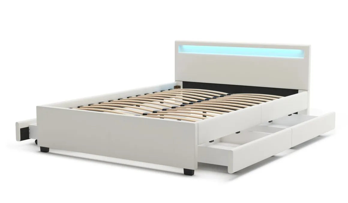 Lederbett LED TRANCE 140 x 200 cm weiss
