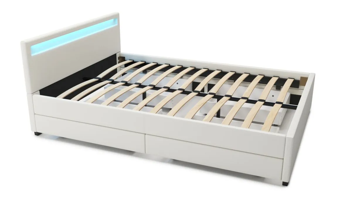 Lederbett LED TRANCE 140 x 200 cm weiss