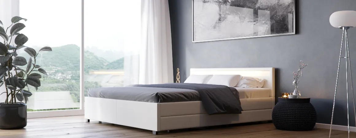 Lederbett LED TRANCE 160 x 200 cm weiss