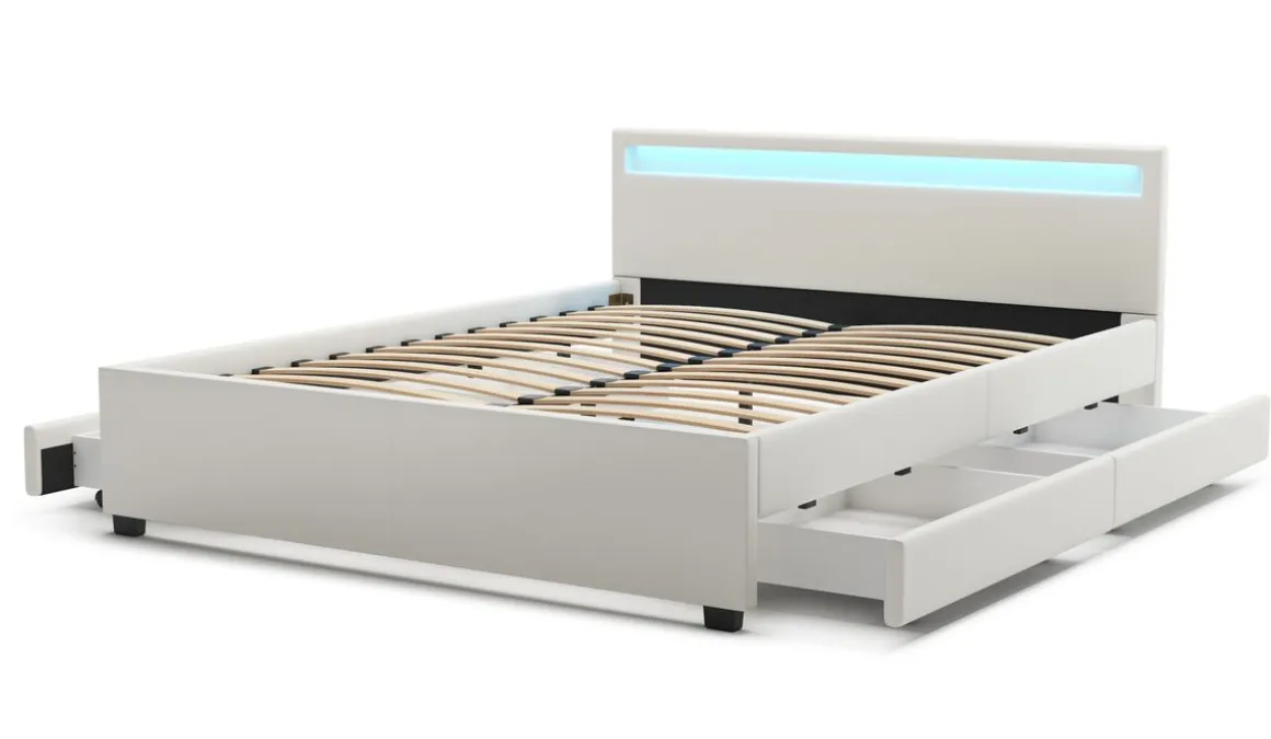Lederbett LED TRANCE 160 x 200 cm weiss