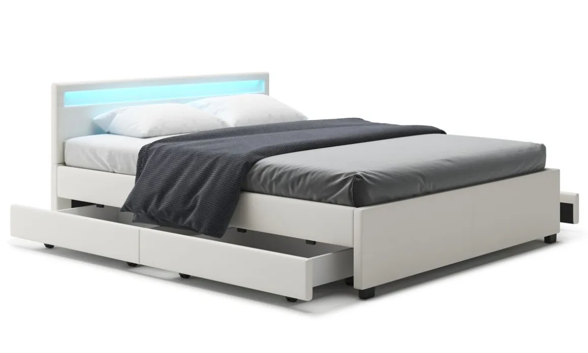 Lederbett LED TRANCE 160 x 200 cm weiss
