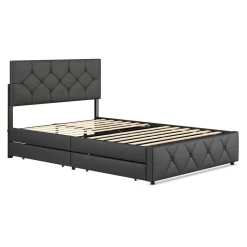 Lederbett RESTORA mit 4 Schubladen 140 x 200 cm schwarz
