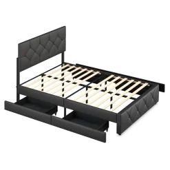 Lederbett RESTORA mit 4 Schubladen 140 x 200 cm schwarz