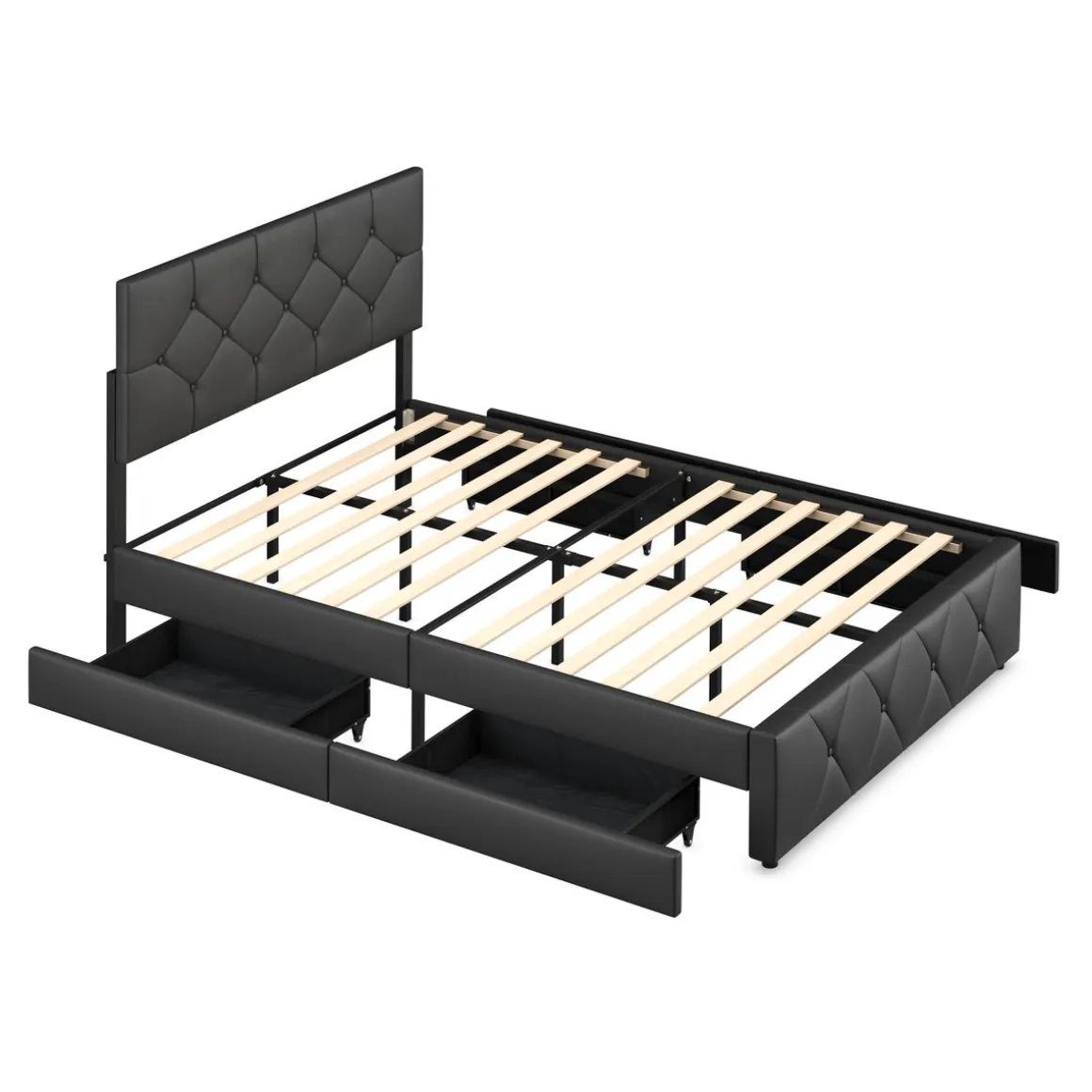 Lederbett RESTORA mit 4 Schubladen 140 x 200 cm schwarz