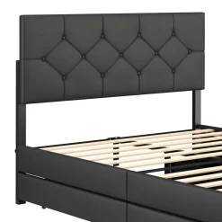 Lederbett RESTORA mit 4 Schubladen 140 x 200 cm schwarz