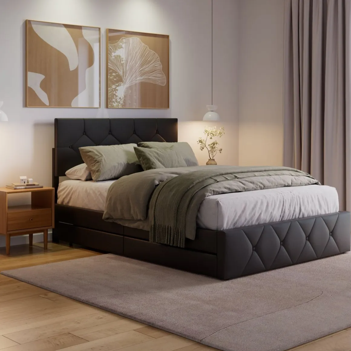 Lederbett RESTORA mit 4 Schubladen 140 x 200 cm schwarz