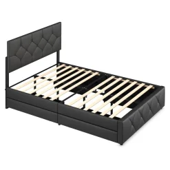 Lederbett RESTORA mit 4 Schubladen 140 x 200 cm schwarz