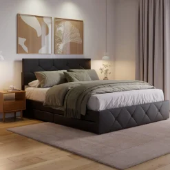 Lederbett RESTORA mit 4 Schubladen 160 x 200 cm schwarz