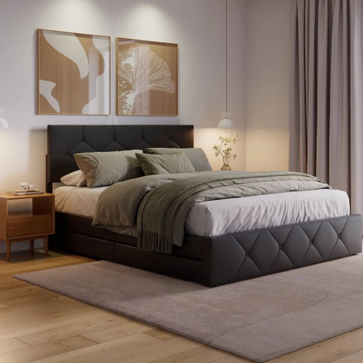 Lederbett RESTORA mit 4 Schubladen 160 x 200 cm schwarz