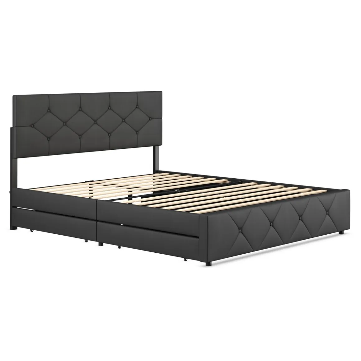 Lederbett RESTORA mit 4 Schubladen 160 x 200 cm schwarz