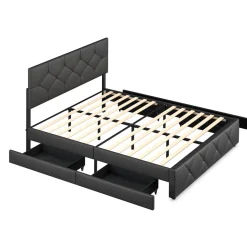 Lederbett RESTORA mit 4 Schubladen 160 x 200 cm schwarz