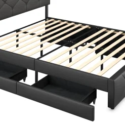 Lederbett RESTORA mit 4 Schubladen 160 x 200 cm schwarz
