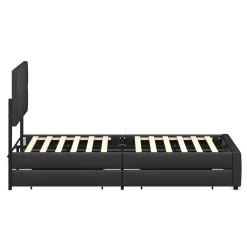 Lederbett RESTORA mit 4 Schubladen 160 x 200 cm schwarz