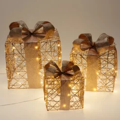 LED Weihnachtsdeko Geschenke Set 3-teilig gold