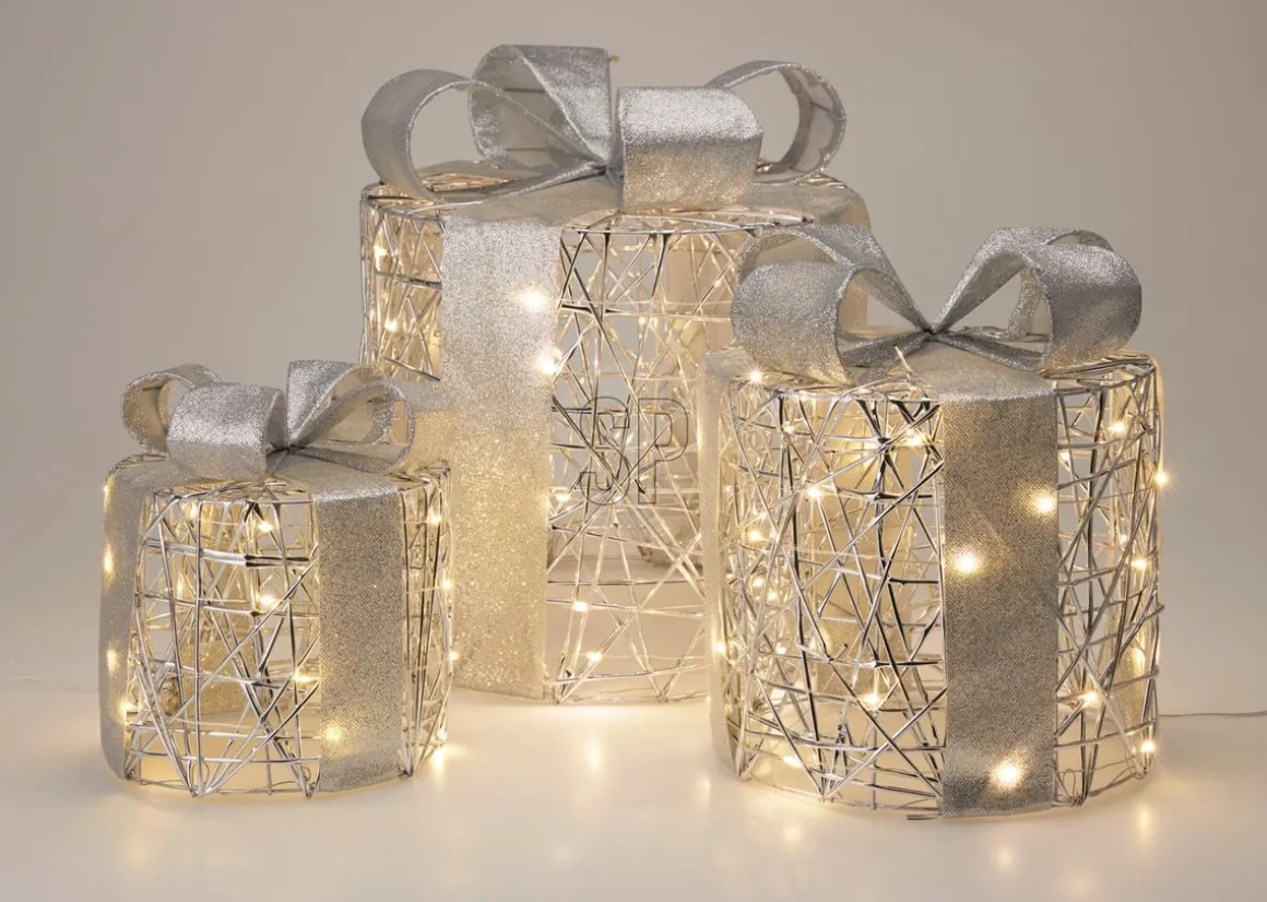 LED Weihnachtsdeko Geschenke Set rund 3-teilig silber