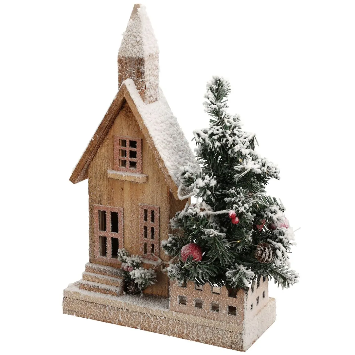 LED Weihnachtsdeko Holz Haus mit Schnee 27 x 44 cm