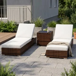 Liegestuhl Rattan BILBAO braun/weiss Set 3-teilig