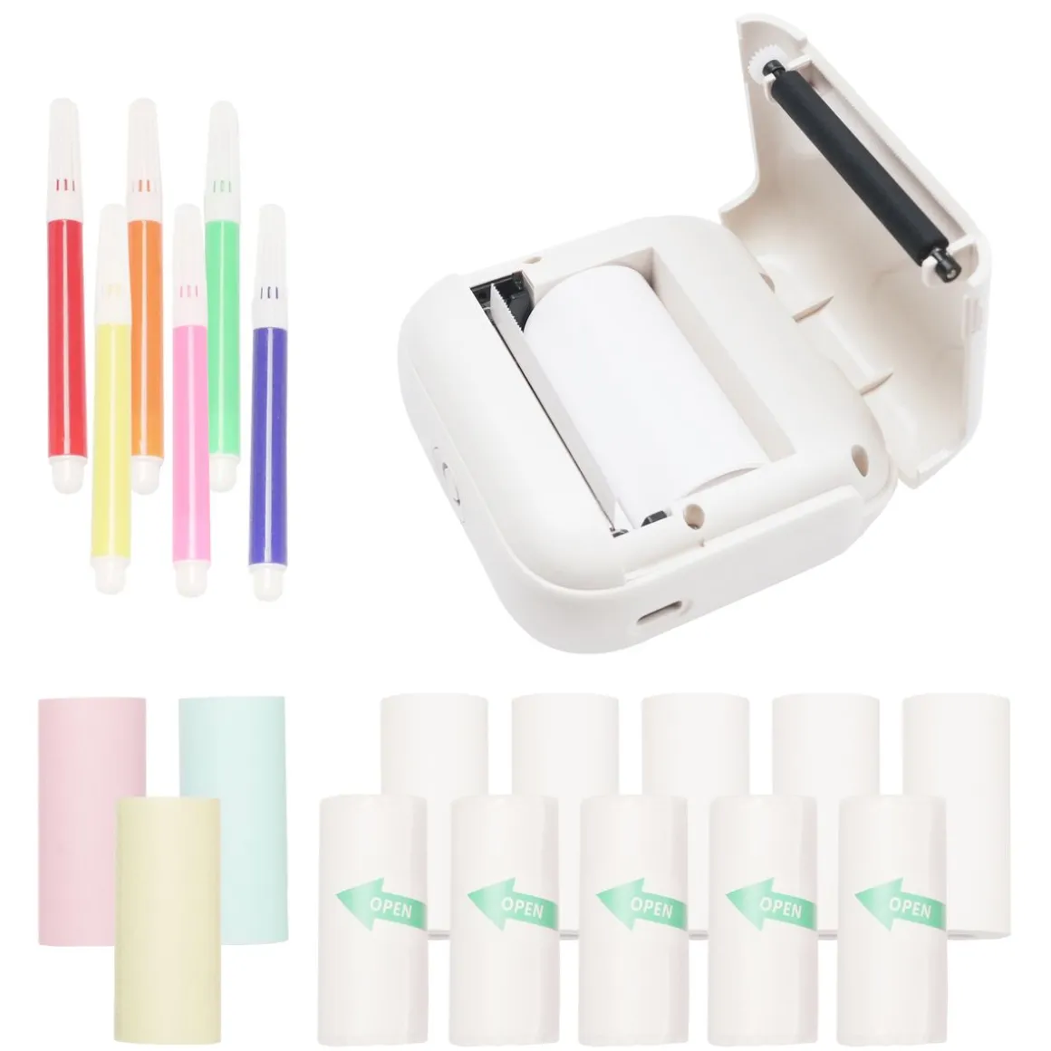 Mini Drucker Set mit Akku 16-teilig weiss