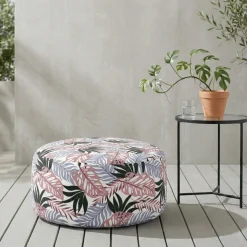 Outdoor Pouf aufblasbar PATTY Blattmuster rosa/grau