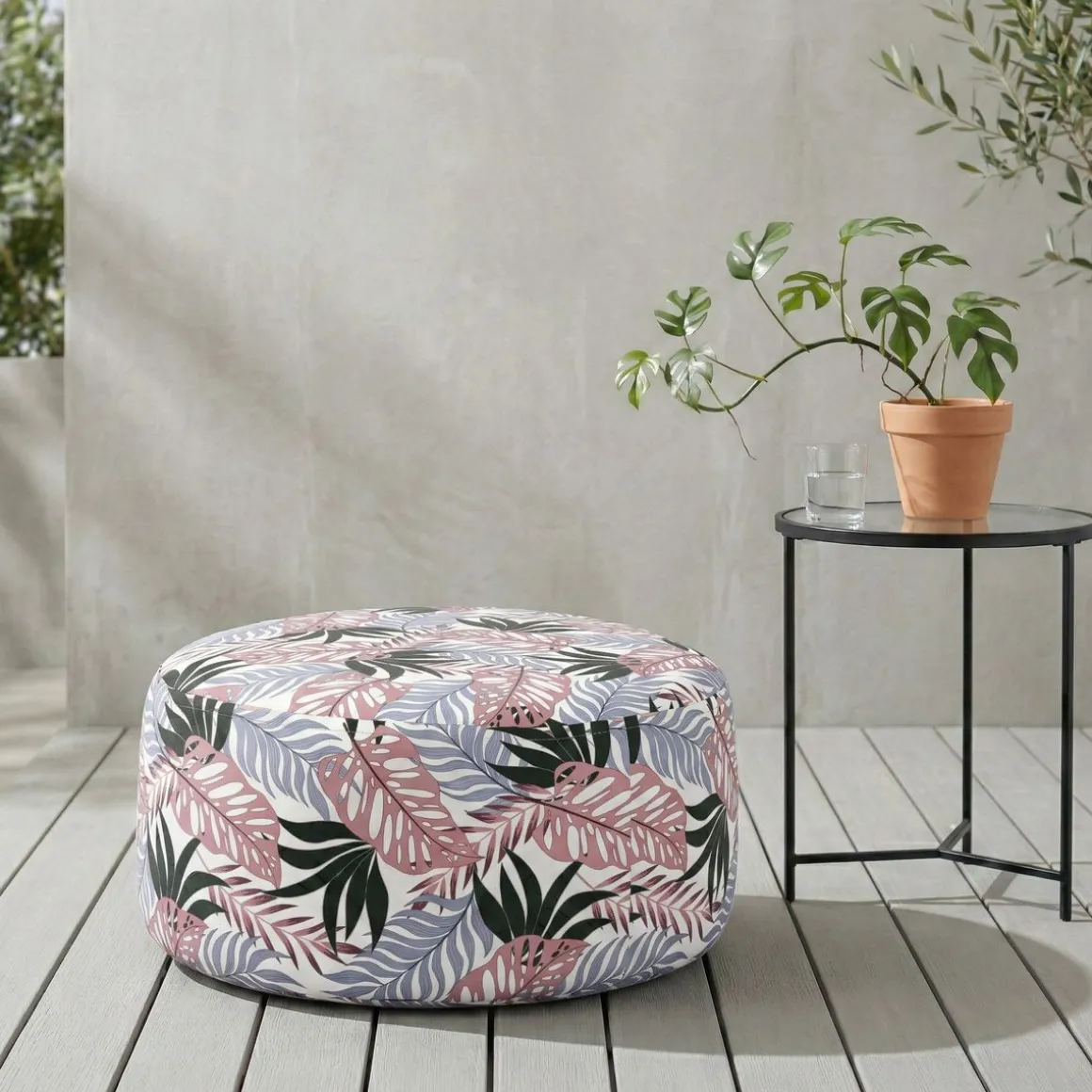 Outdoor Pouf aufblasbar PATTY Blattmuster rosa/grau